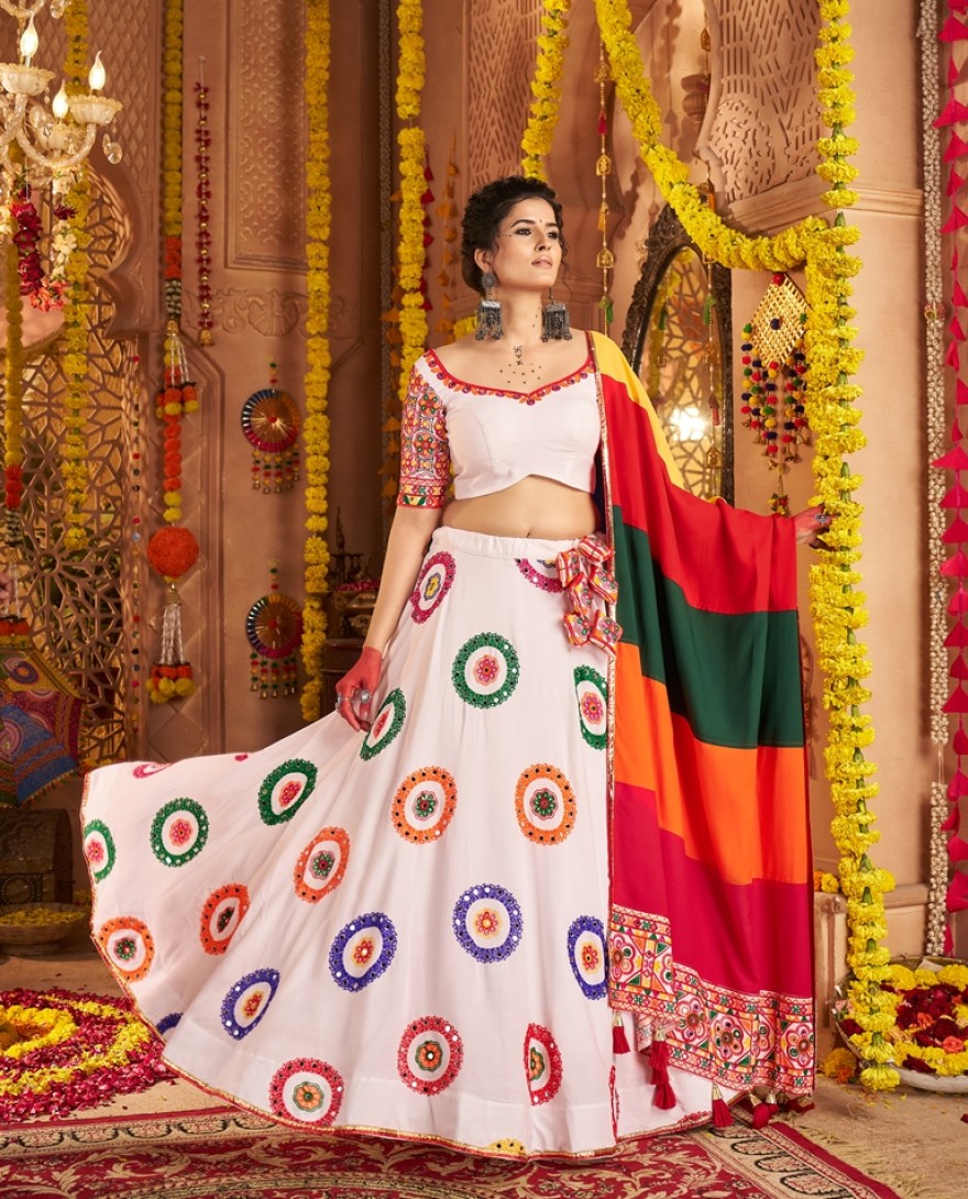 11014 - Pretty White Mirror Work Navratri Wear Lehenga Choli With Dupatta